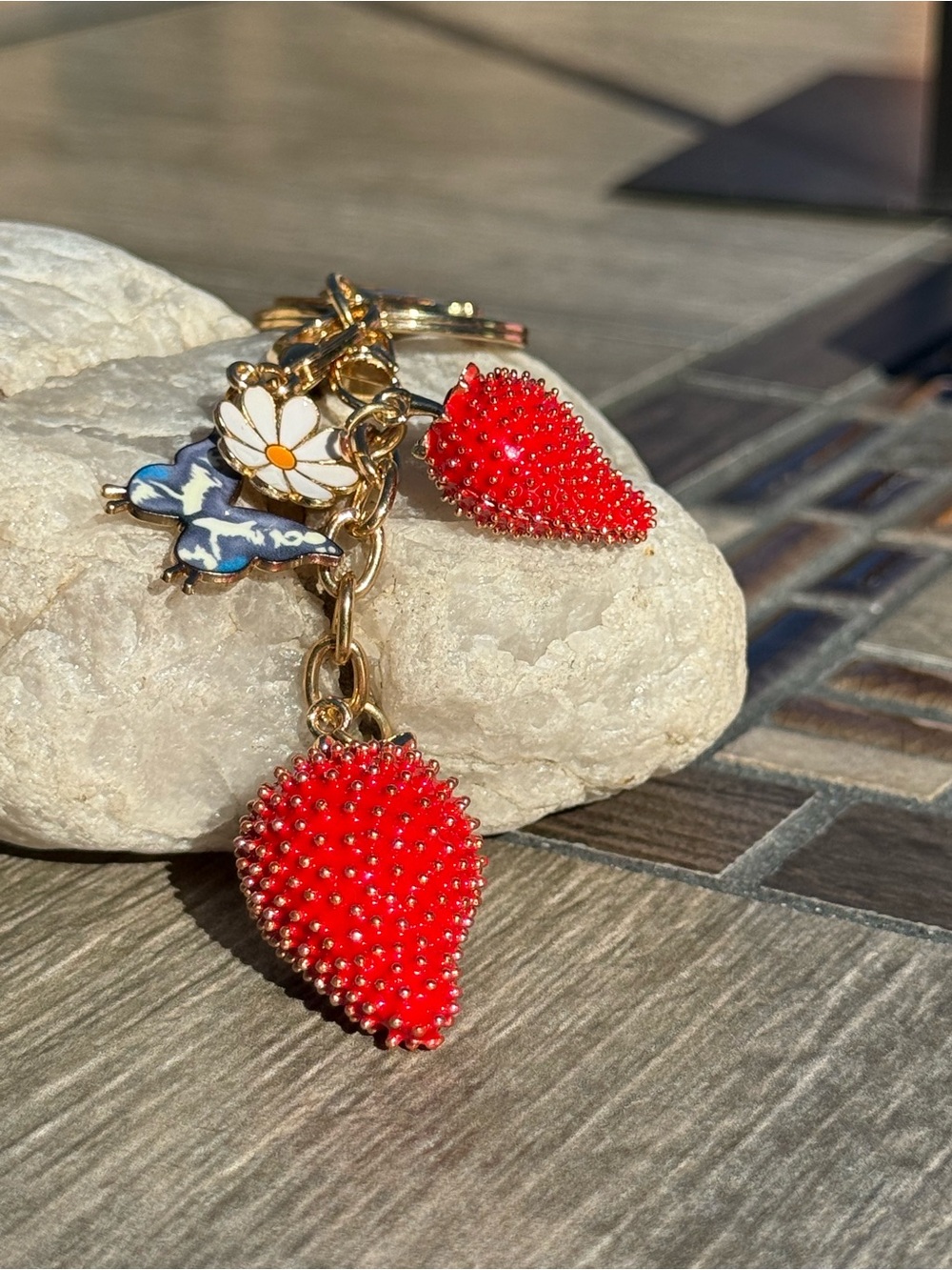 NWT Gold Charm Keychain with Red Beaded Strawberry and Floral Charms